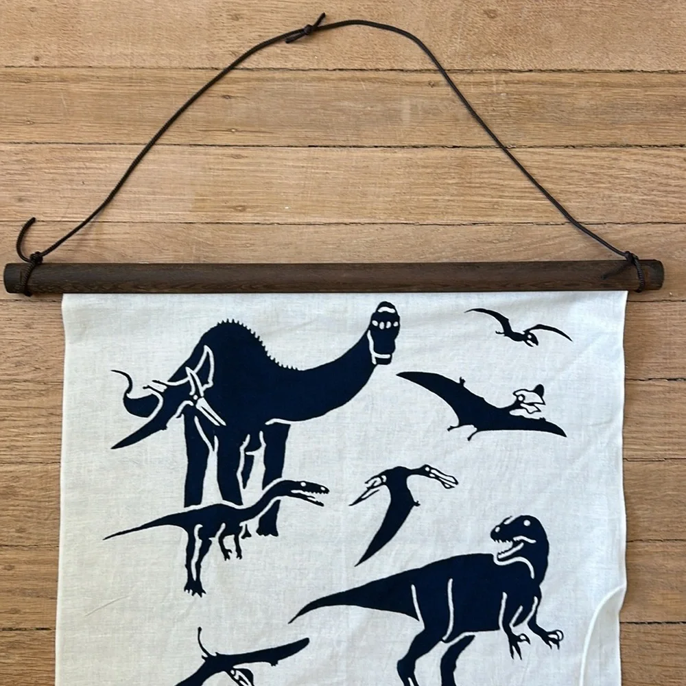 New Japanese Tenugui artisan dinosaur print cotton wood scroll wall hanging art